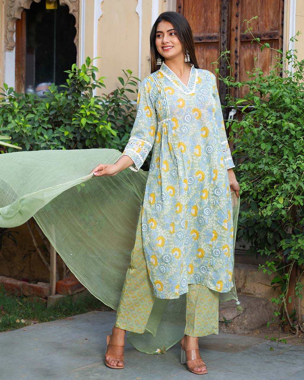 MINT GREEN & YELLOW COTTON SUIT SET