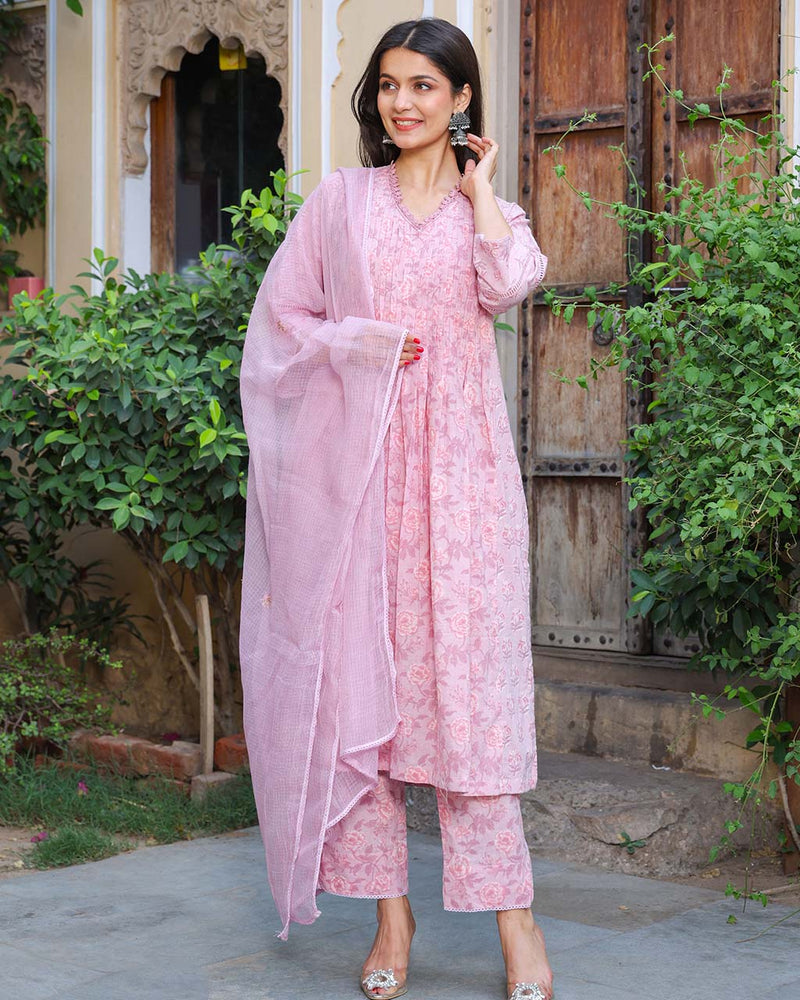 PINK COTTON HANDBLOCK SUIT WITH KOTA DUPATTA