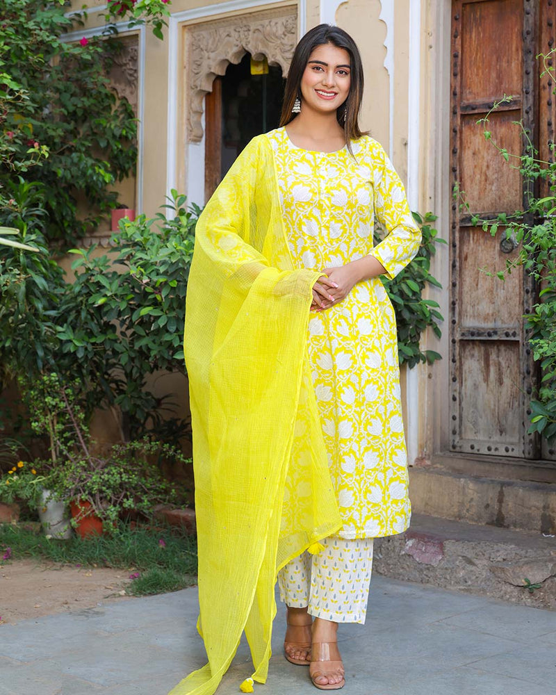 LIME YELLOW COTTON SUIT SET WITH KOTA DUPATTA