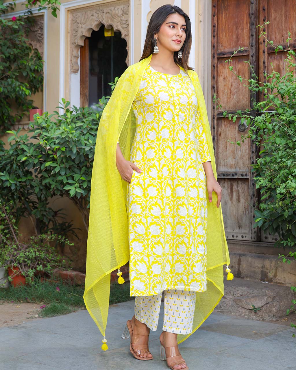 LIME YELLOW COTTON SUIT SET WITH KOTA DUPATTA