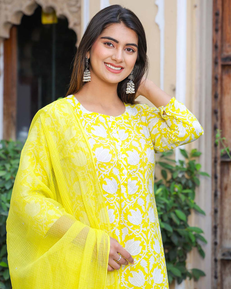 LIME YELLOW COTTON SUIT SET WITH KOTA DUPATTA