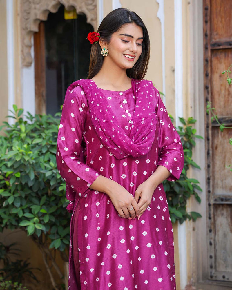 MAGENTA COTTON SILK BANDHEJ SUIT SET