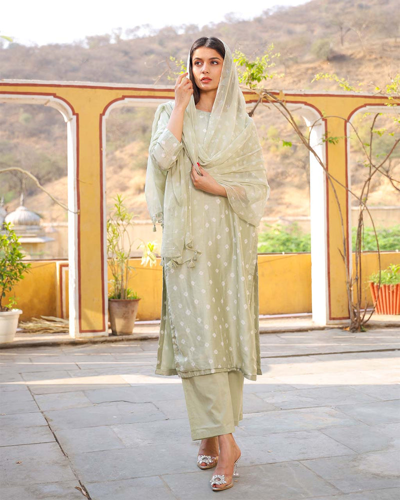 PISTA GREEN COTTON SILK BANDHEJ SUIT SET