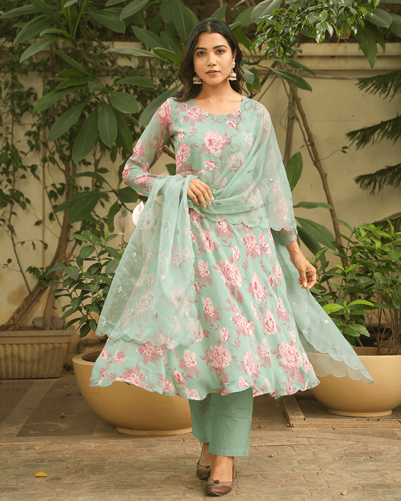 GREEN GEORGETTE ANARKALI SUIT SET