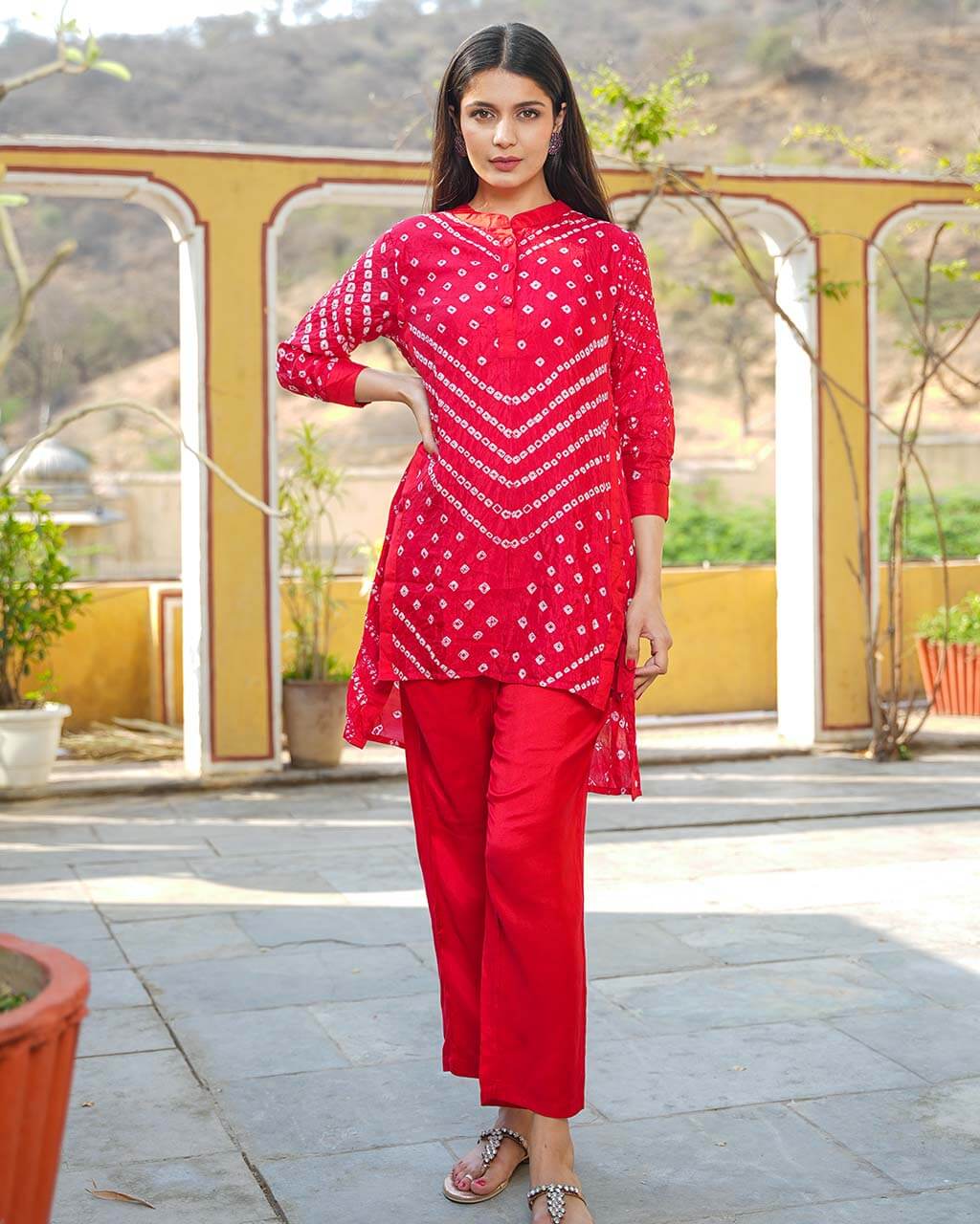 FUSION FESTIVE RED BANDHEJ PANT SET