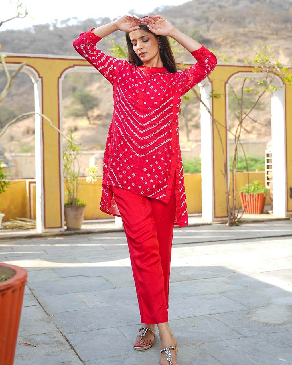 FUSION FESTIVE RED BANDHEJ PANT SET