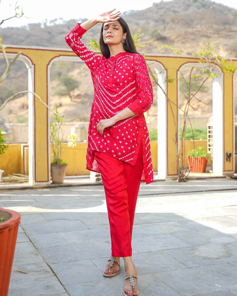 FUSION FESTIVE RED BANDHEJ PANT SET