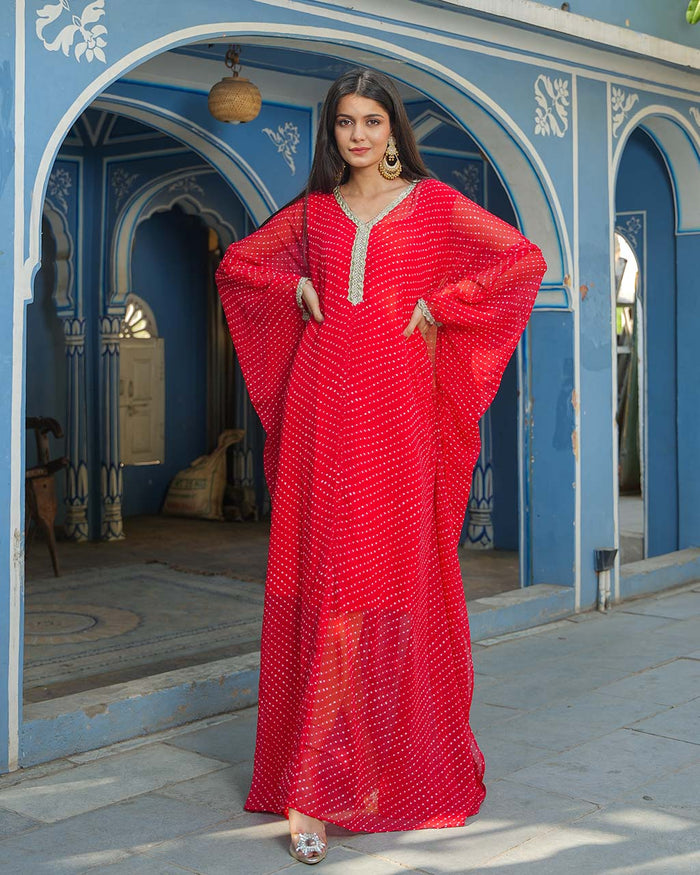 RED BANDHEJ FABRIC KAFTAN WITH INNER