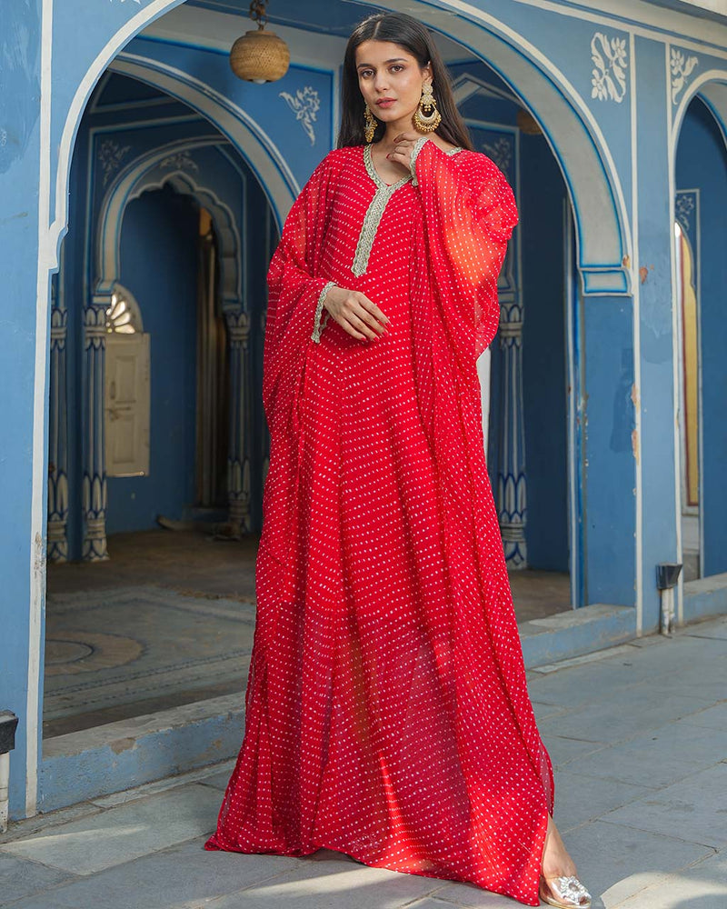 RED BANDHEJ FABRIC KAFTAN WITH INNER