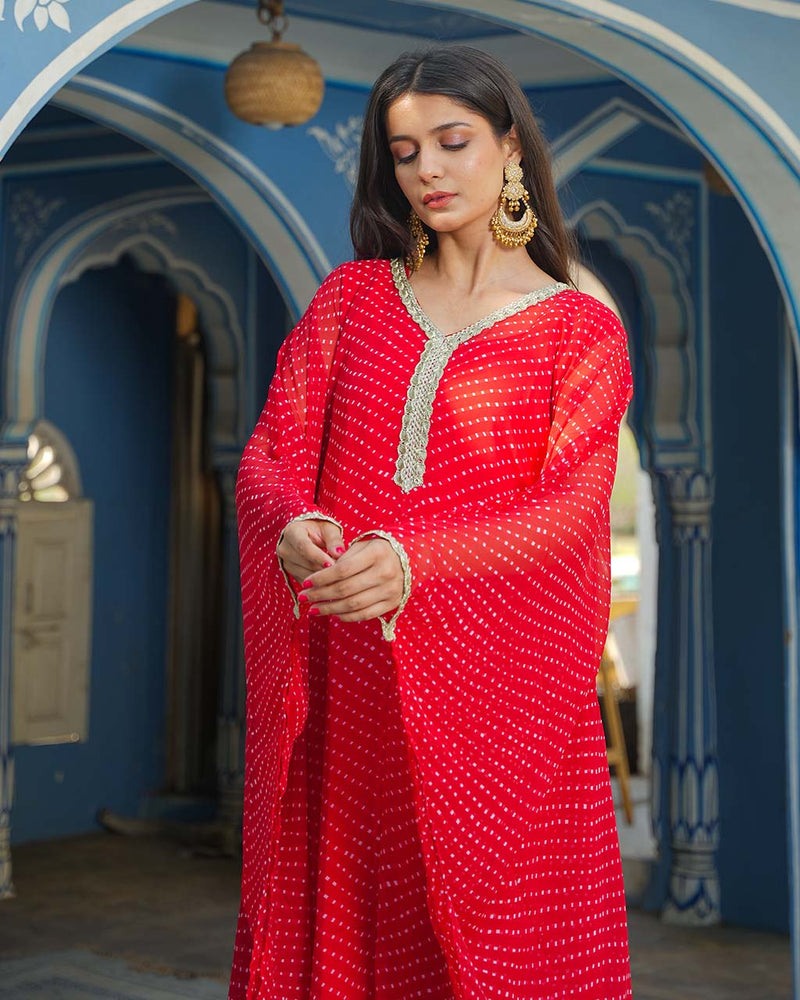 RED BANDHEJ FABRIC KAFTAN WITH INNER