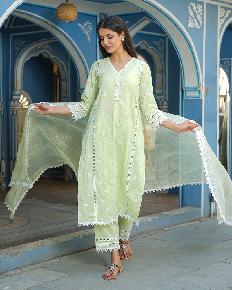 PEA GREEN COTTON SUIT SET WITH EMBROIDERY