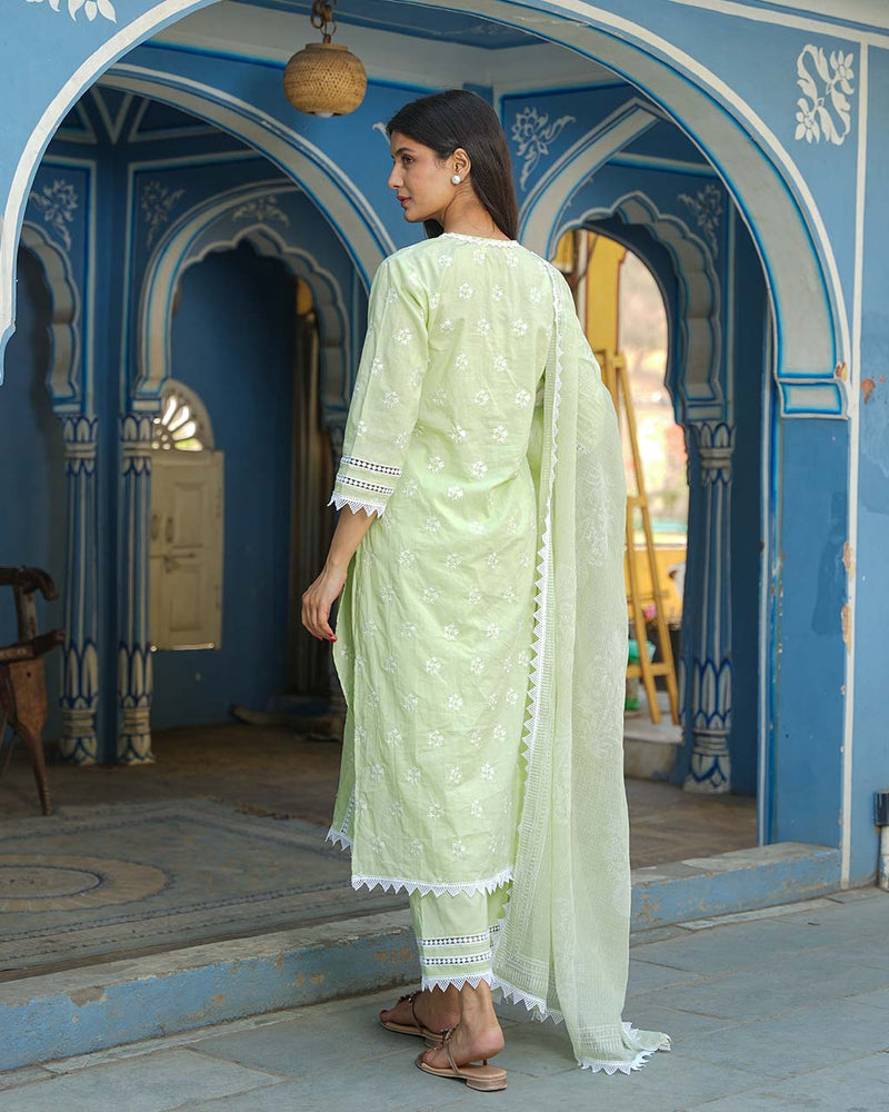 PEA GREEN COTTON SUIT SET WITH EMBROIDERY