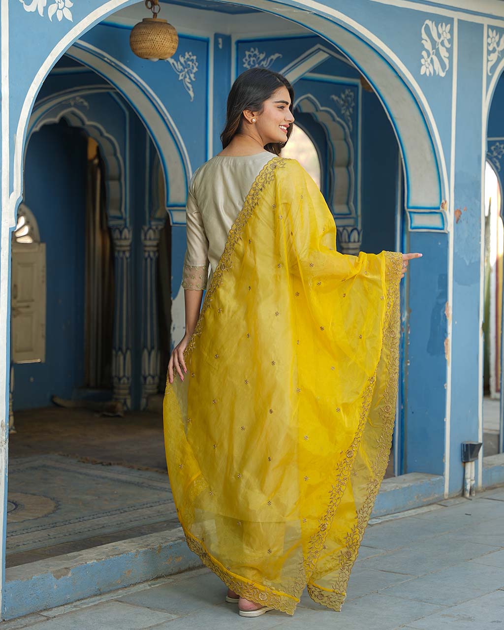 GOLDEN CHANDERI SUIT WITH LACE AND EMBROIDERY