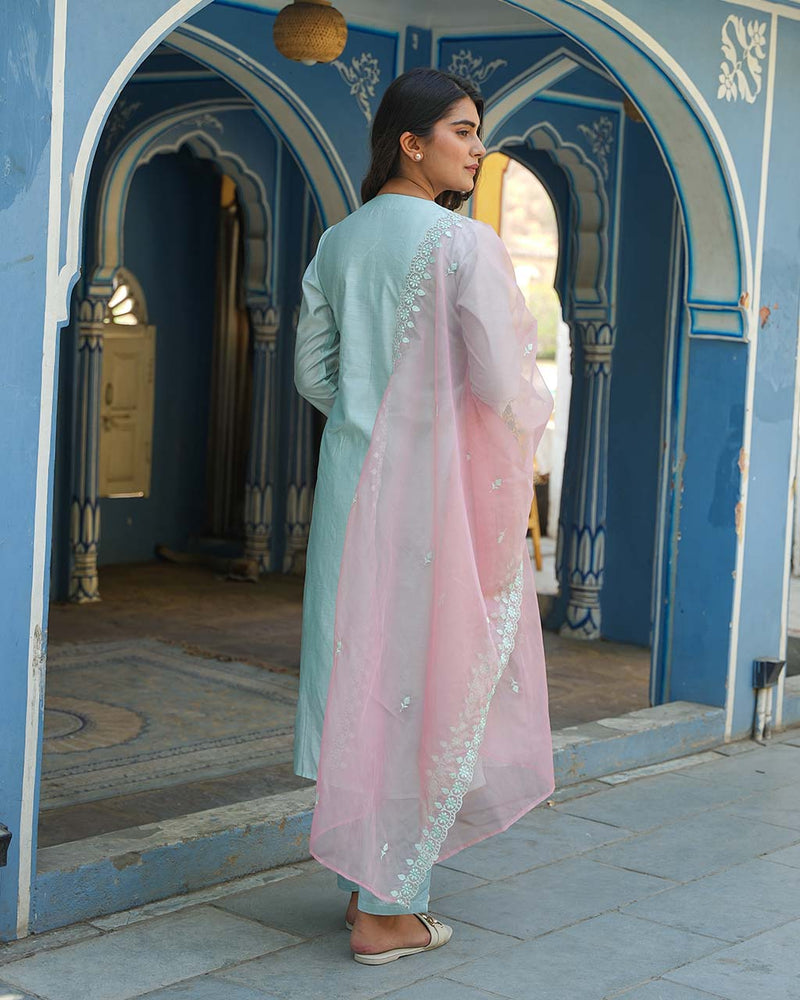 ICE BLUE CHANDERI SUIT WITH LACE AND EMBROIDERY