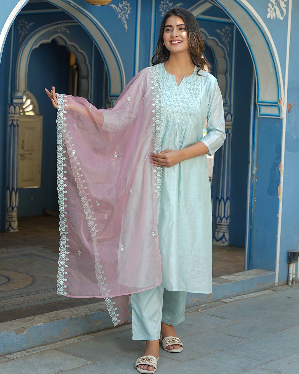 ICE BLUE CHANDERI SUIT WITH LACE AND EMBROIDERY