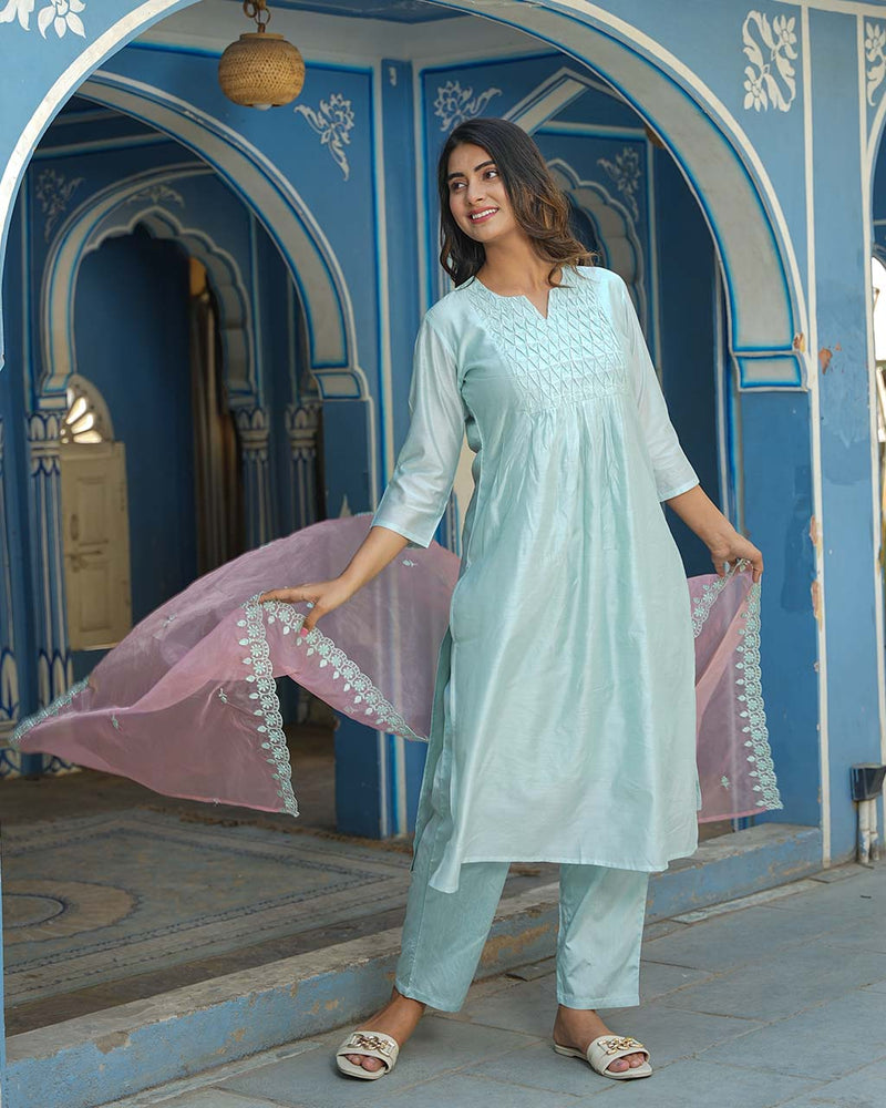 ICE BLUE CHANDERI SUIT WITH LACE AND EMBROIDERY