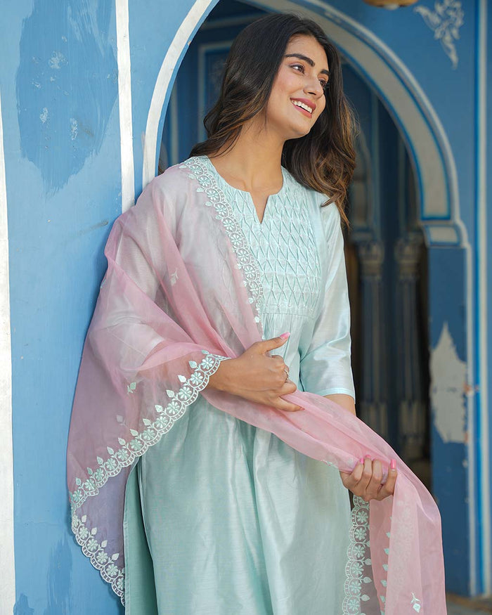 ICE BLUE CHANDERI SUIT WITH LACE AND EMBROIDERY