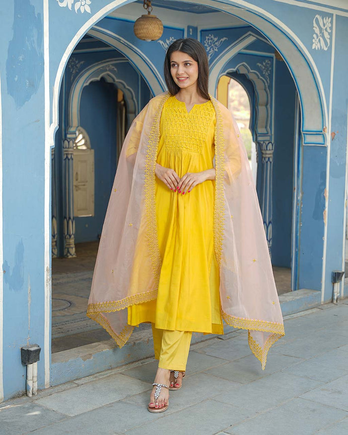 YELLOW EMBROIDERED CHANDERI SUIT SET WITH LACE