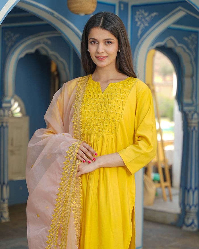 YELLOW EMBROIDERED CHANDERI SUIT SET WITH LACE