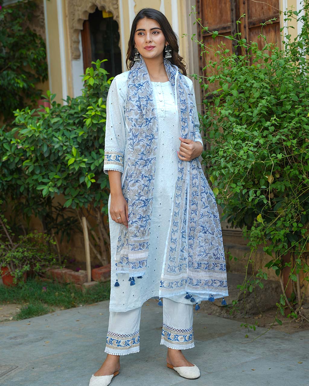 POWDER BLUE SCHIFFLI HANDBLOCK SUIT SET