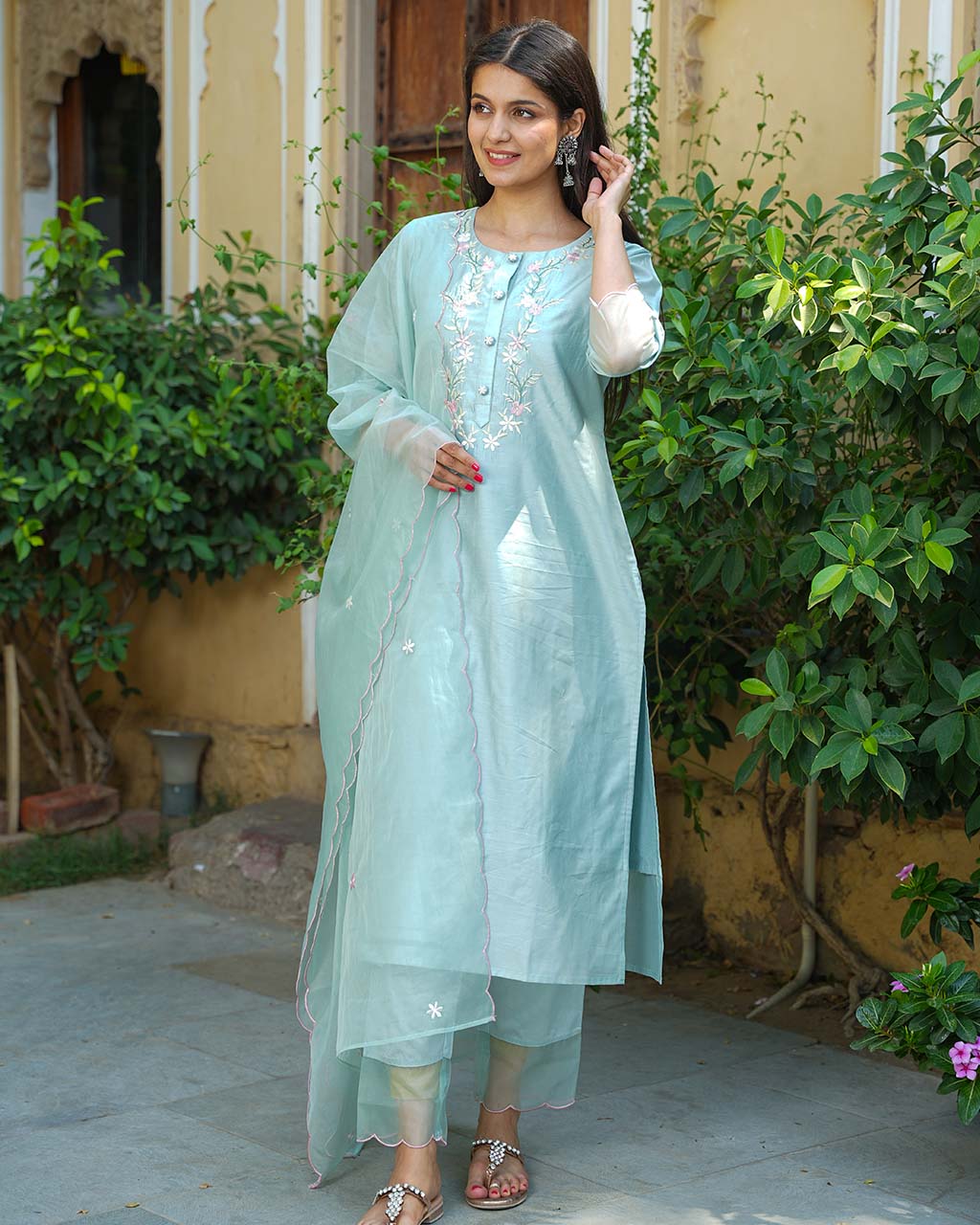 SEA GREEN CHANDERI SUIT SET WITH EMBROIDERY