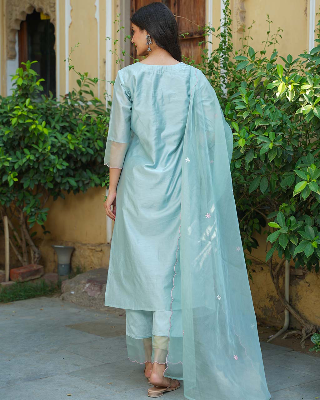 SEA GREEN CHANDERI SUIT SET WITH EMBROIDERY