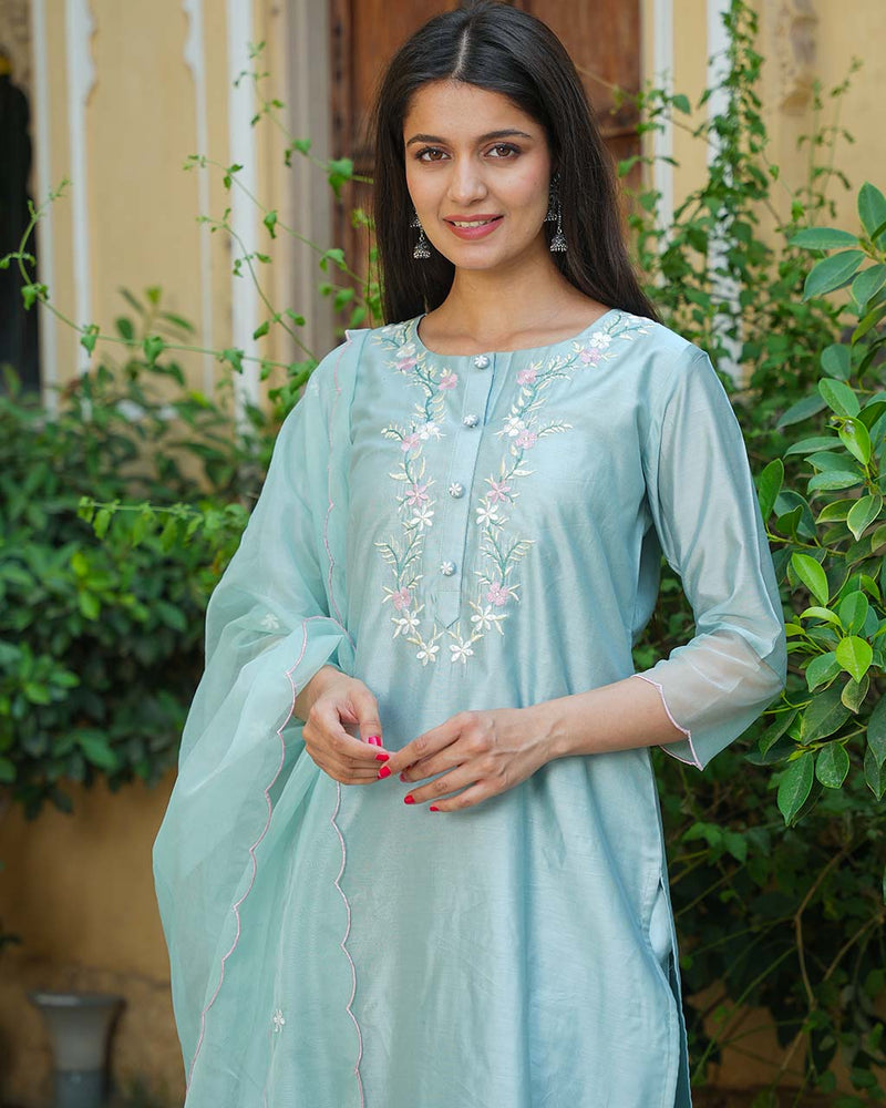 SEA GREEN CHANDERI SUIT SET WITH EMBROIDERY