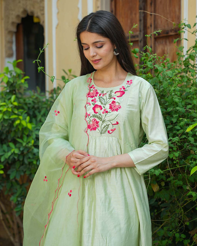 PISTA GREEN CHANDERI SUIT SET WITH EMBROIDERY