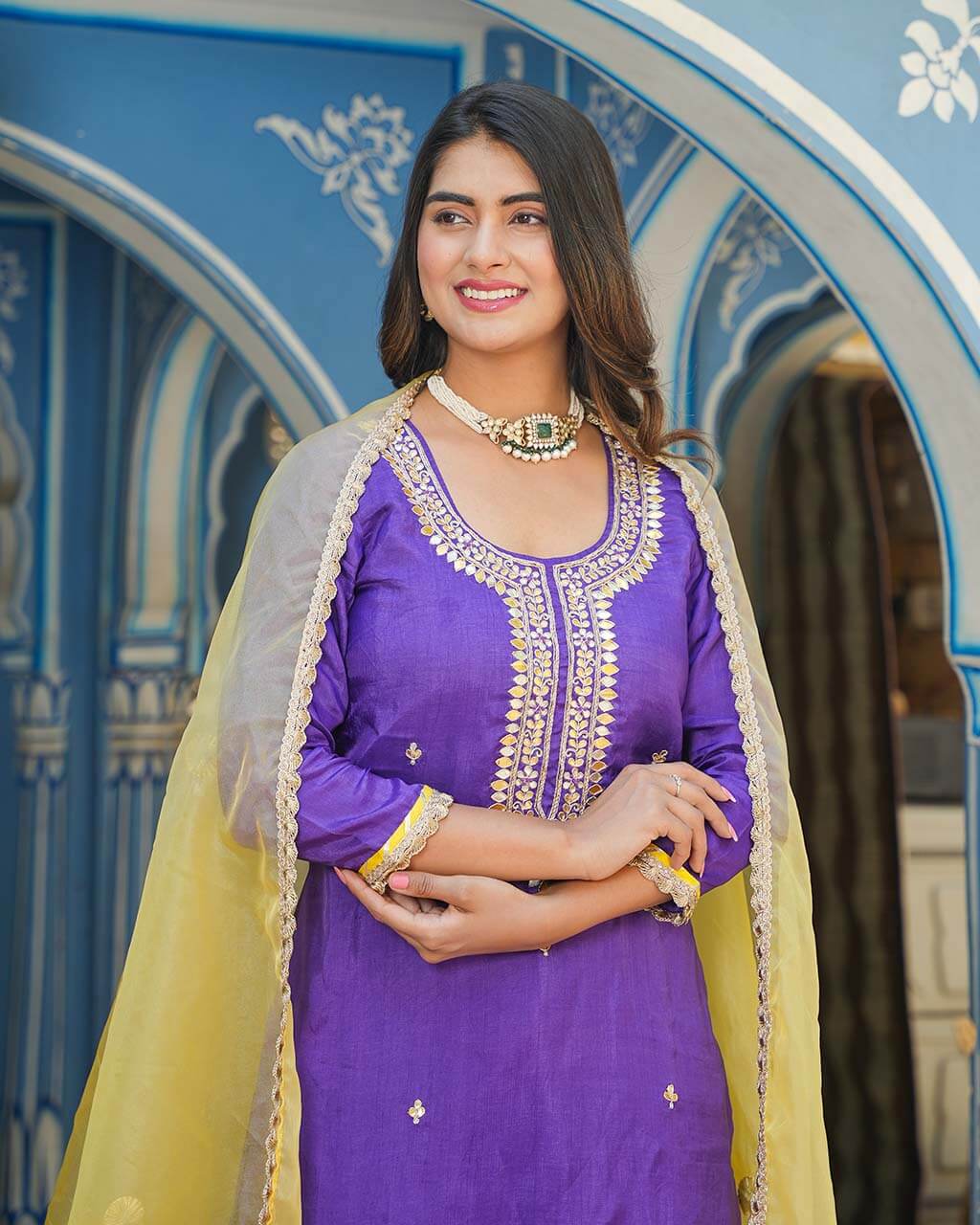 PURPLE CHANDERI SUIT SET WITH GOTTA WORK