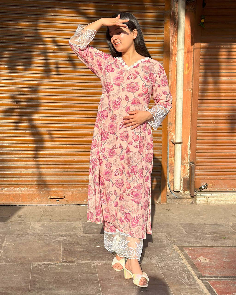 PINK COTTON KURTA SET WITH ORGANZA LACE