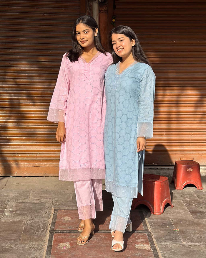 DELICATE PINK SCHIFFLI KURTA SET WITH PEARL WORK