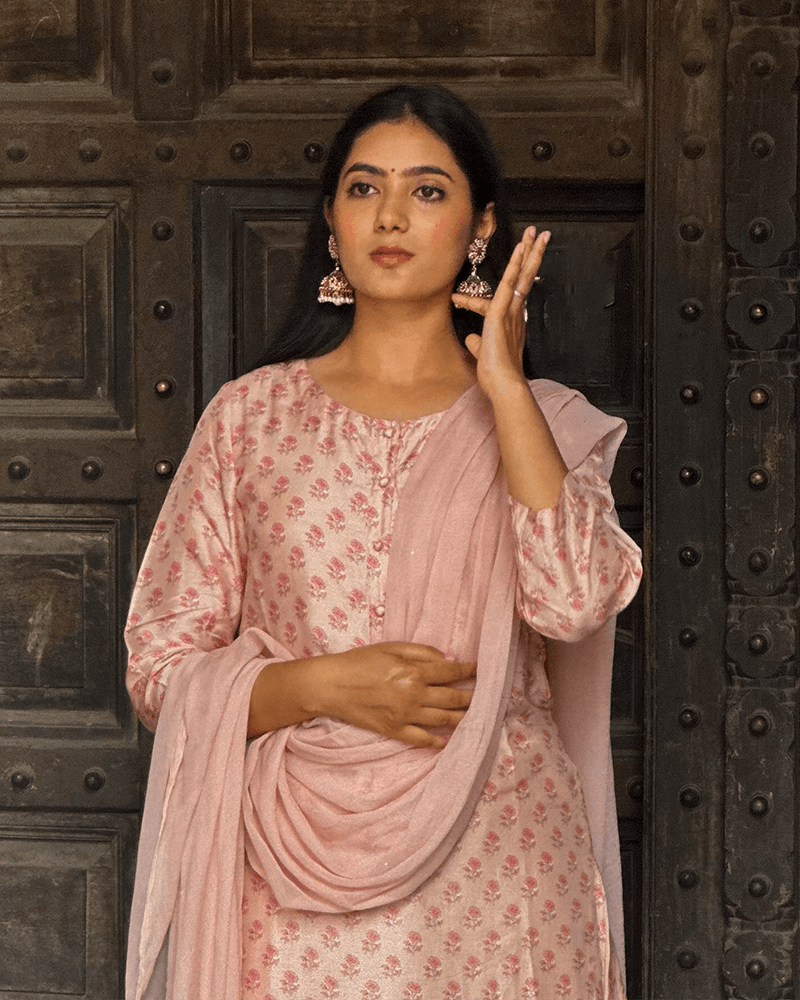 BLUSHING PINK COTTON SILK HANDBLOCK SUIT SET