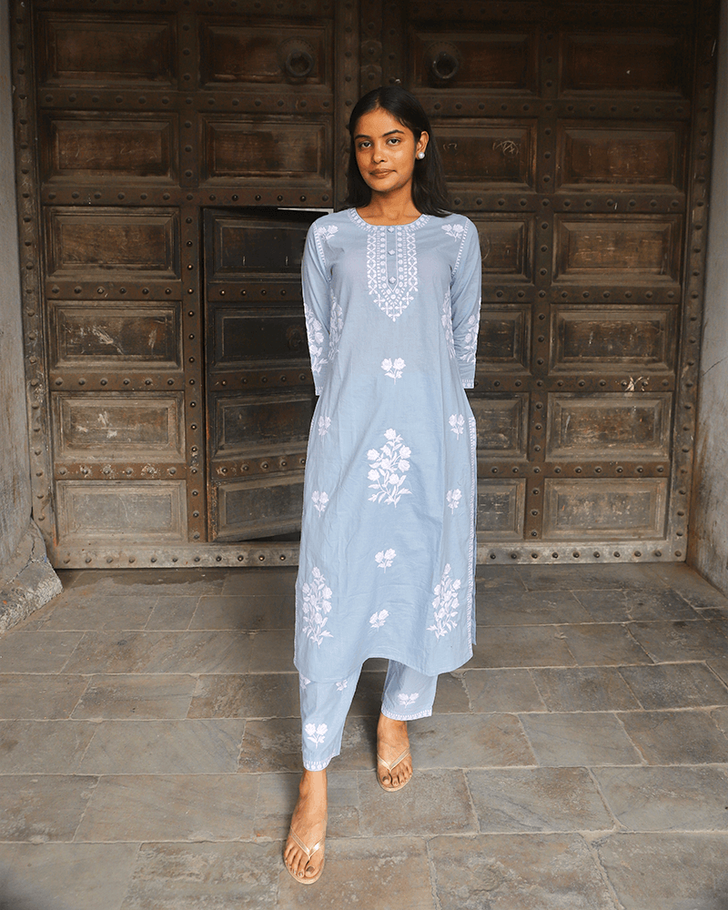 BLUE EMBROIDERED COTTON KURTA SET