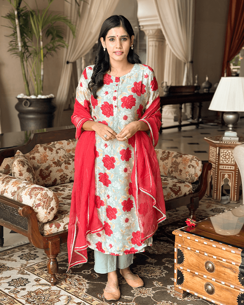 MINT GREEN & RED FLOWER PRINT SUIT SET