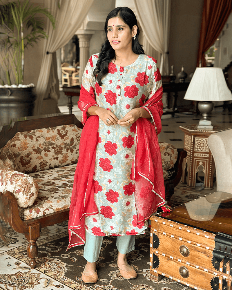 MINT GREEN & RED FLOWER PRINT SUIT SET