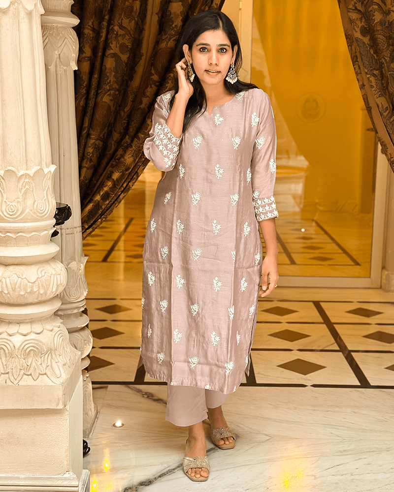 MAUVE MUL CHANDERI KURTA SET WITH EMBROIDERY