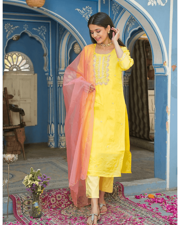 YELLOW OPADA SUIT SET WITH EMBROIDERY