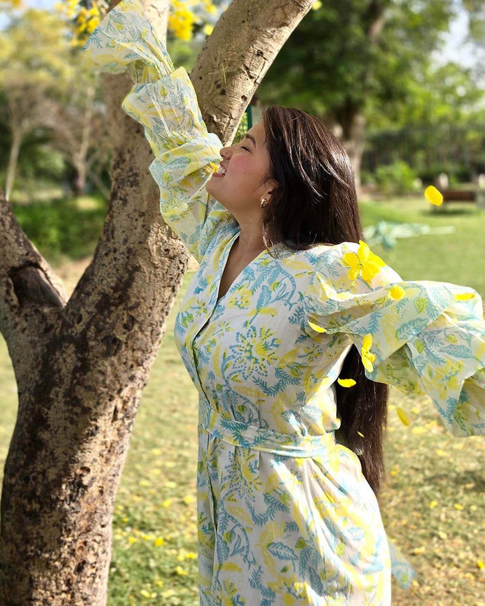 GREEN & YELLOW HANDBLOCK DRESS WITH BELL SLEEVES