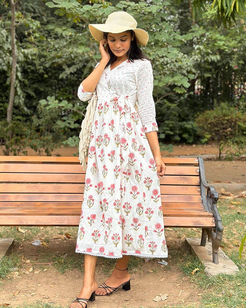 CREAM FLORAL HANDBLOCK DRESS WITH LINING