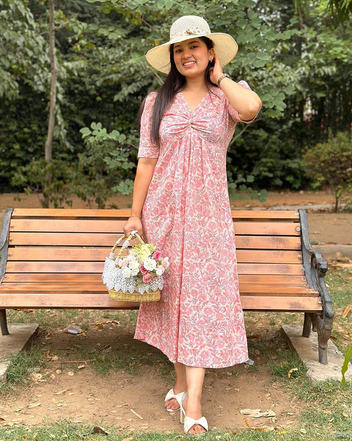 PINK HANDBLOCK COTTON KNOT DRESS