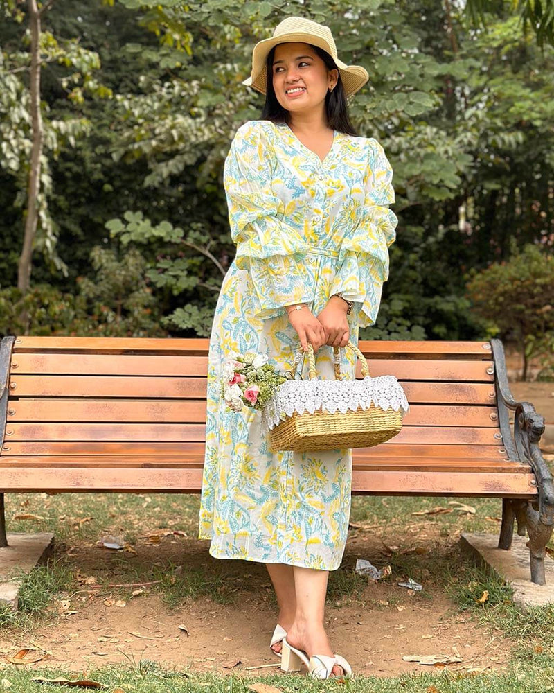 GREEN & YELLOW HANDBLOCK DRESS WITH BELL SLEEVES