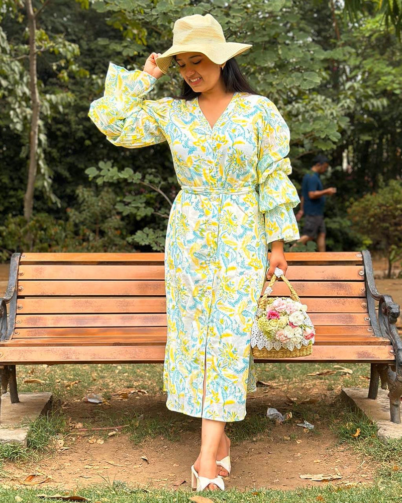 GREEN & YELLOW HANDBLOCK DRESS WITH BELL SLEEVES