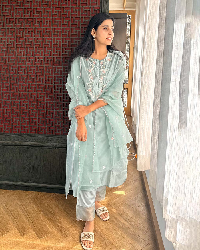 SEA GREEN CHANDERI SUIT SET WITH EMBROIDERY