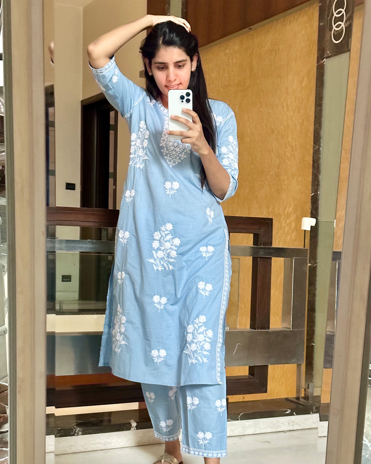 BLUE EMBROIDERED COTTON KURTA SET