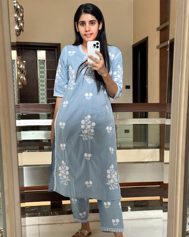 BLUE EMBROIDERED COTTON KURTA SET