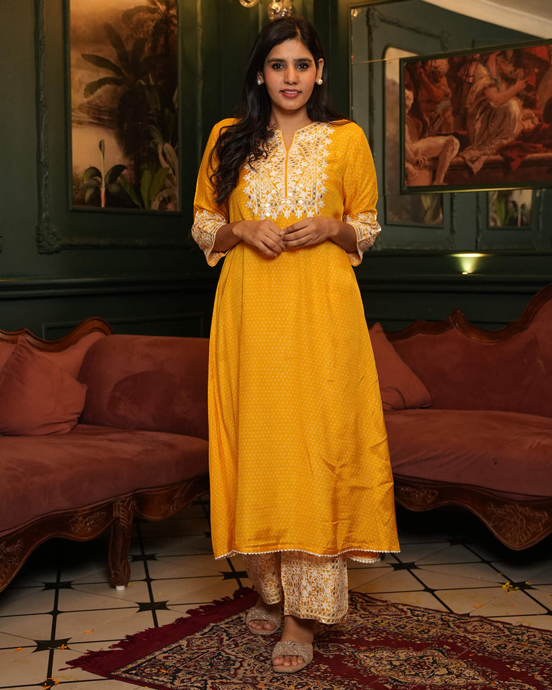 EXUBERANT YELLOW SHANTUNG KURTA SET