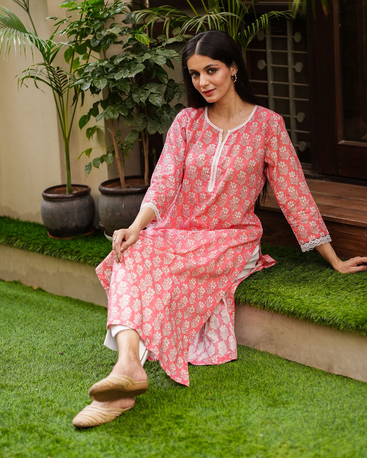 PINK PERFECT COTTON KURTA WITH LACE