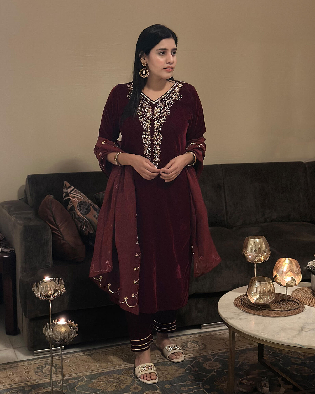 MAROON HAND EMBROIDERED VELVET SUIT SET