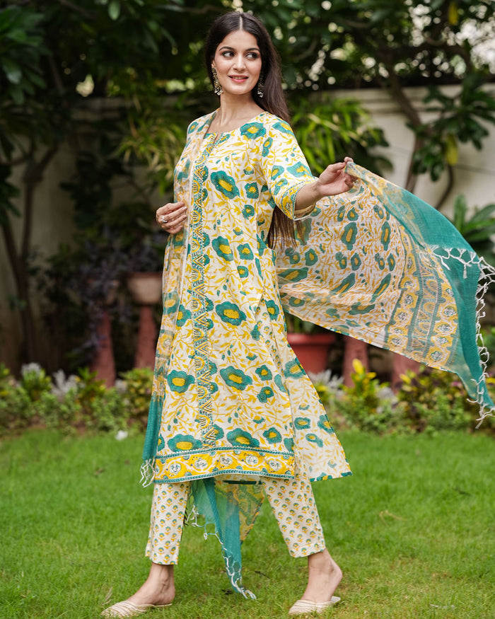 YELLOW & GREEN HANDBLOCK COTTON SUIT SET