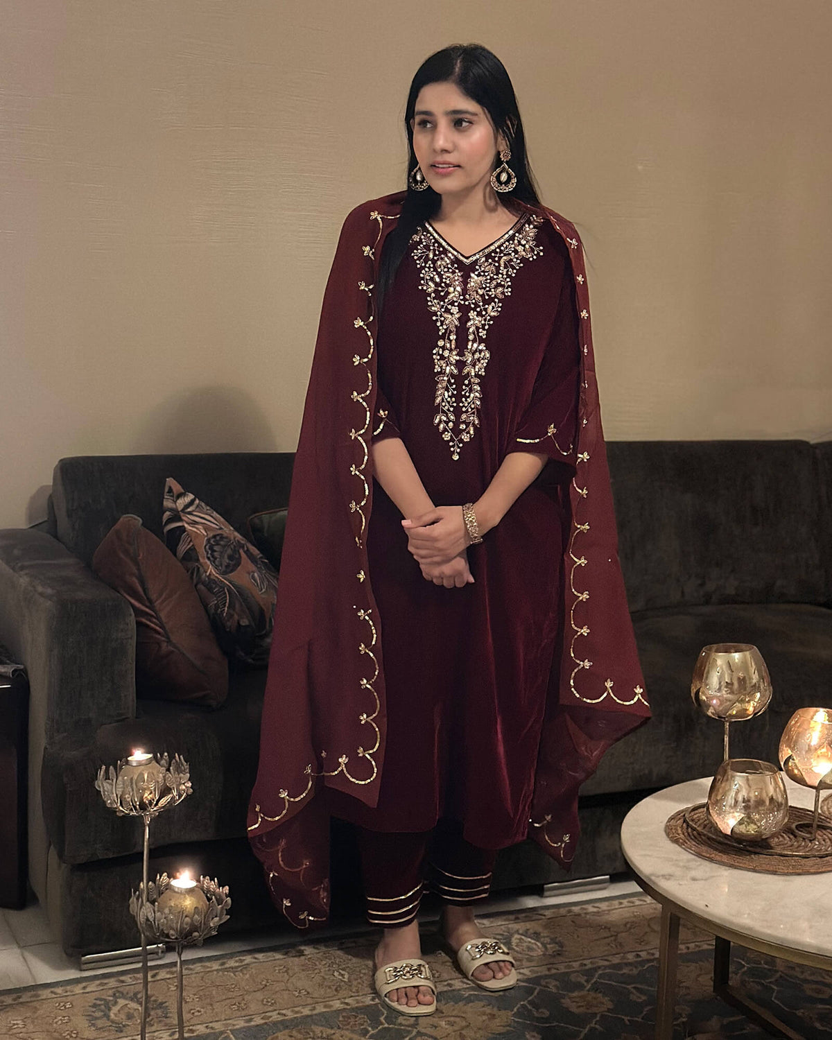 MAROON HAND EMBROIDERED VELVET SUIT SET